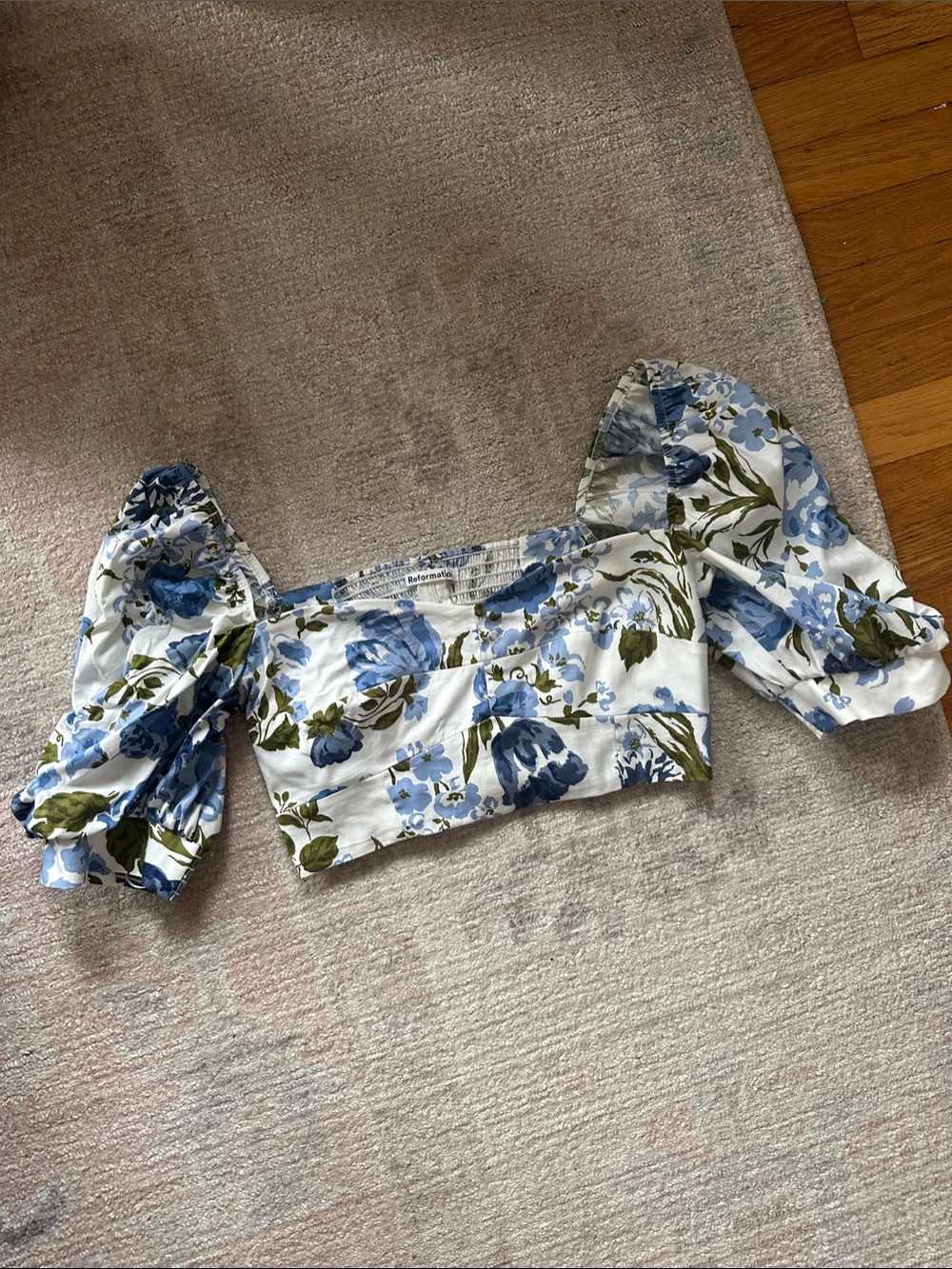 Reformation Floral Puff-Sleeve Crop Top - Blue/White